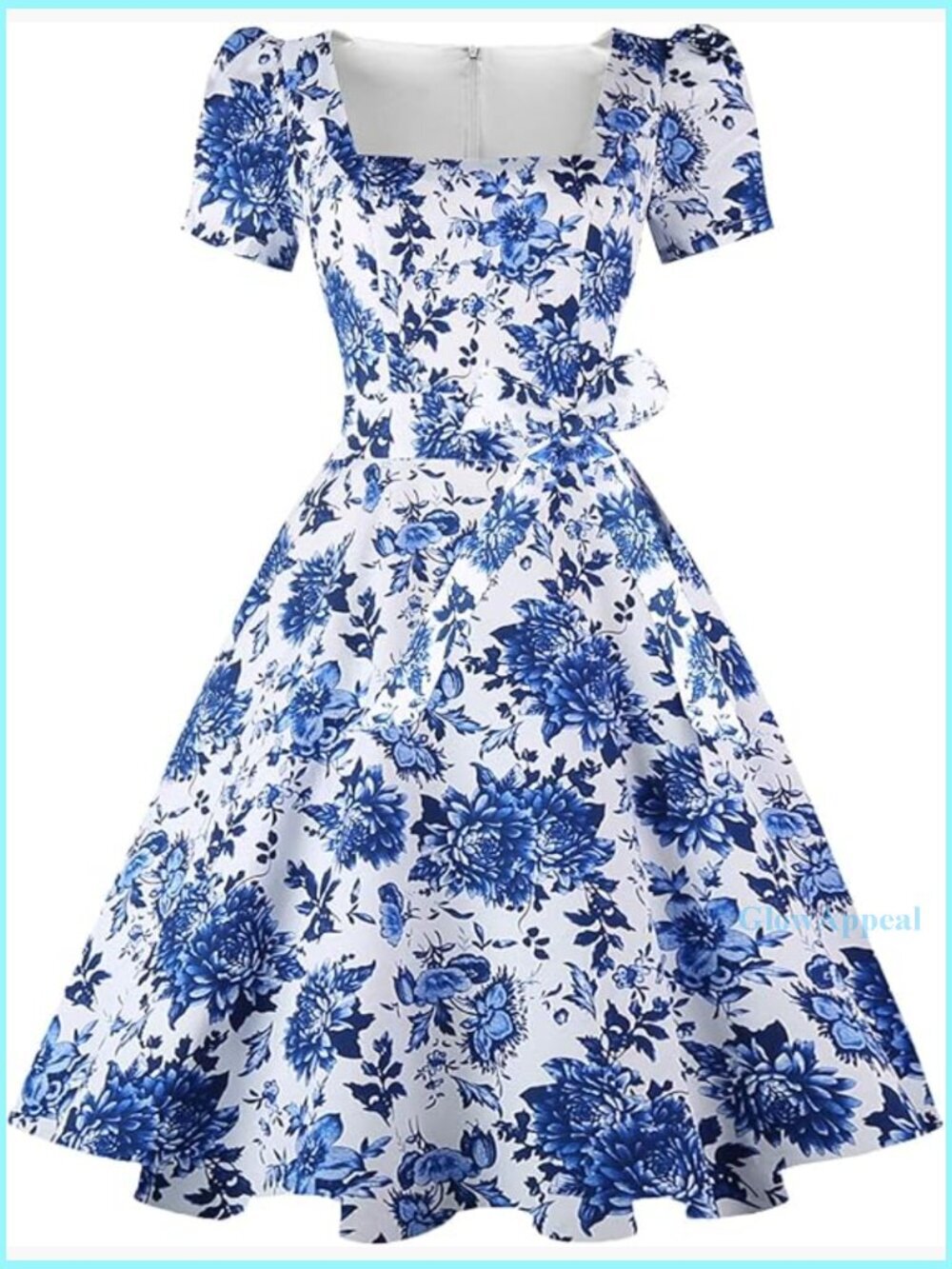 Vintage Square Neck Cocktail Dress with Puff Sleeves and Pockets